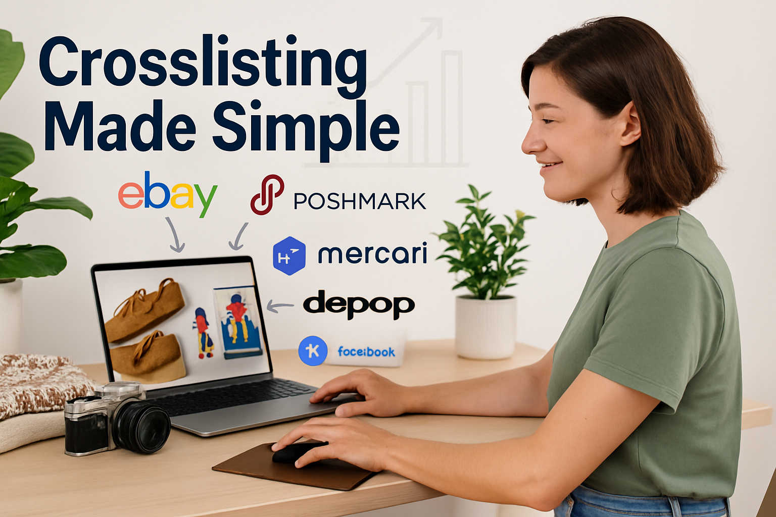 A solo online reseller working at a tidy home workspace, crosslisting fashion and collectibles across multiple marketplaces.
