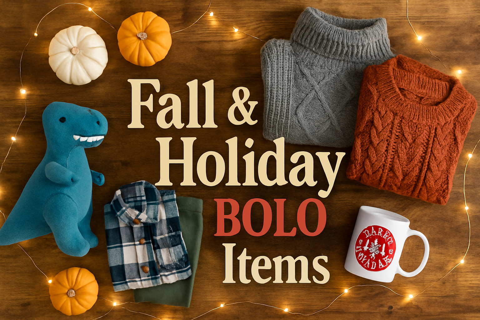 Flat lay of fall and holiday themed BOLO items for resellers: popular toys, cozy sweaters, kids clothing, and giftable items