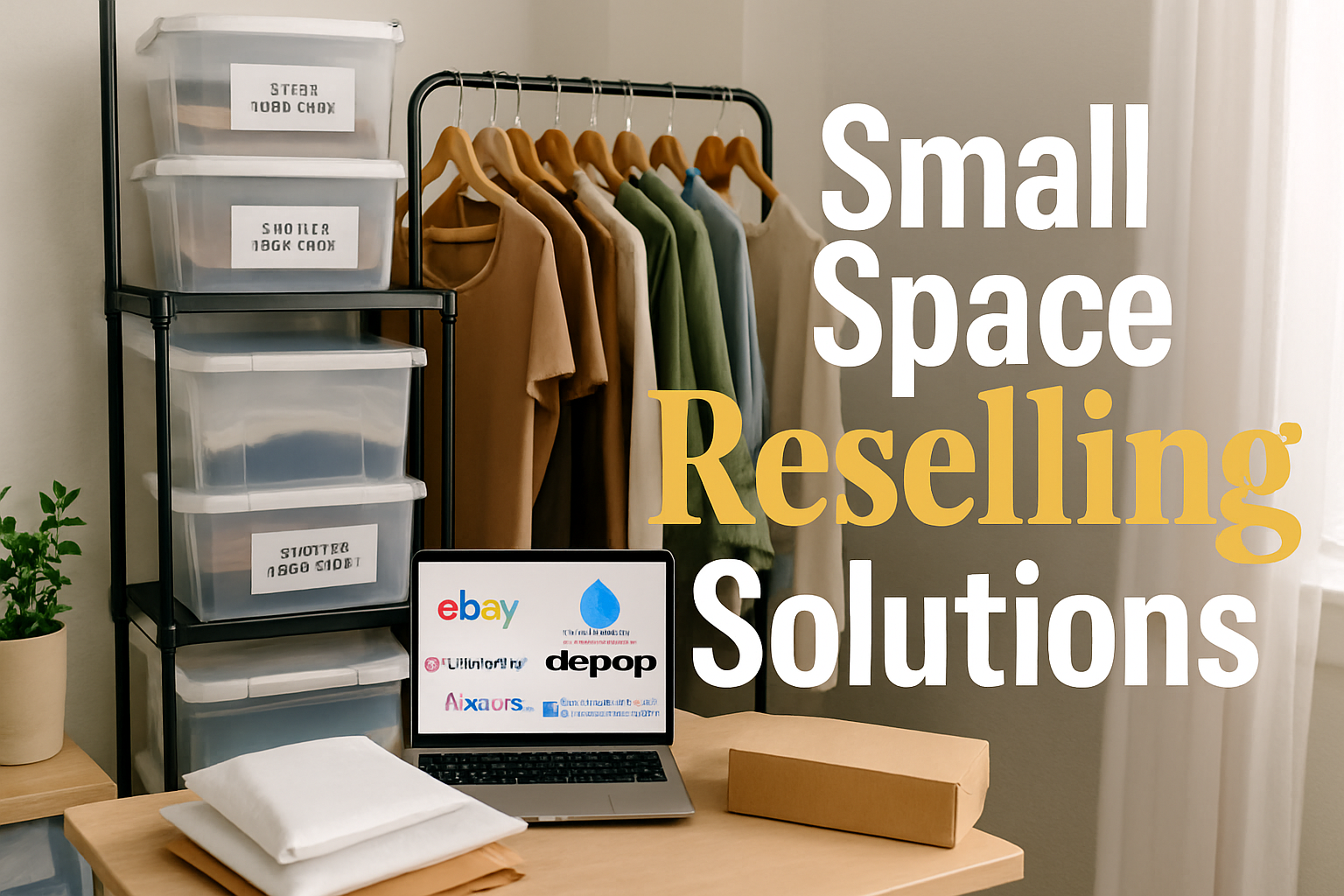 A small apartment or closet space organized for a reselling business, with labeled storage bins, clothing racks, shipping supplies, and a laptop showing multiple marketplaces.